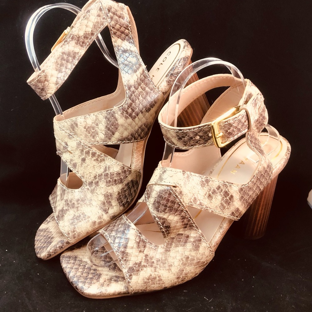 Cole Haan Snakeskin-Print Block Heel Sandals - Beige/Taupe